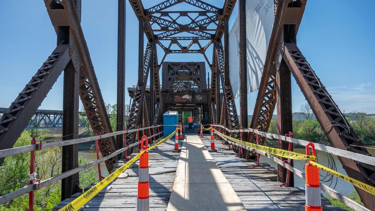 A pathway that is still under construction is seen at Rock Island Bridge on Wednesday, April 17, 2024, in Kansas City, Kansas.