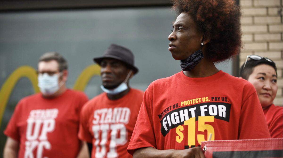 Roughly 100 people gathered to demand union rights and a $15 minimum wage for fast food workers at a McDonald’s on Main Street in Kansas City in spring 2021.