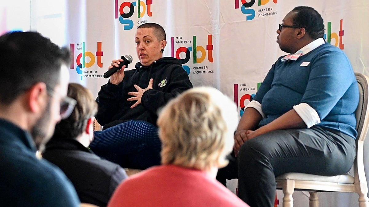 To celebrate Transgender Day of Visibility, the Mid-America LGBT Chamber of Commerce held an event, Transformation in the Workplace at the Kansas City Club Thursday, March 31, 2022. Rae Bowerman, left, and Jay Bohanon, shared their workplace experiences as transgender and gender non-binary during the Panel on Allyship.
