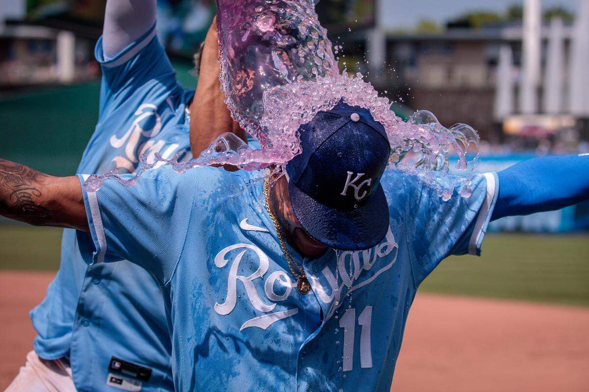 Kansas City Royals third baseman Maikel Garcia (11) gets Gatorade dumped on him after the game against the Colorado Rockies at Kauffman Stadium on June 4, 2023.