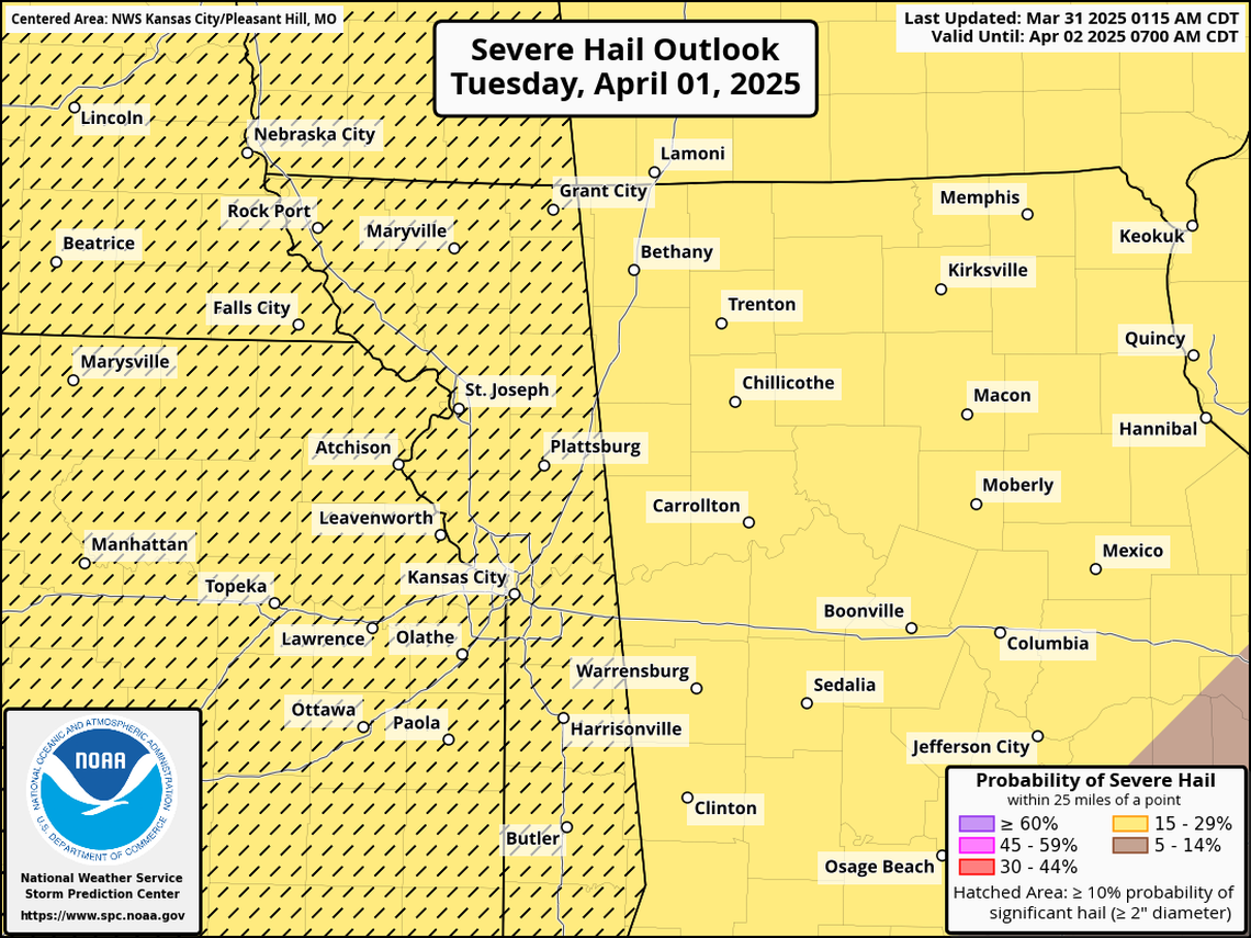 Large hail is one of the primary threats from severe weather that are possible in the Kansas City area overnight Tuesday, according to the National Weather Service’s Storm Prediction Center. The hatched areas are where there’s a greater than 10% chance of hail greater than 2 inches in diameter.