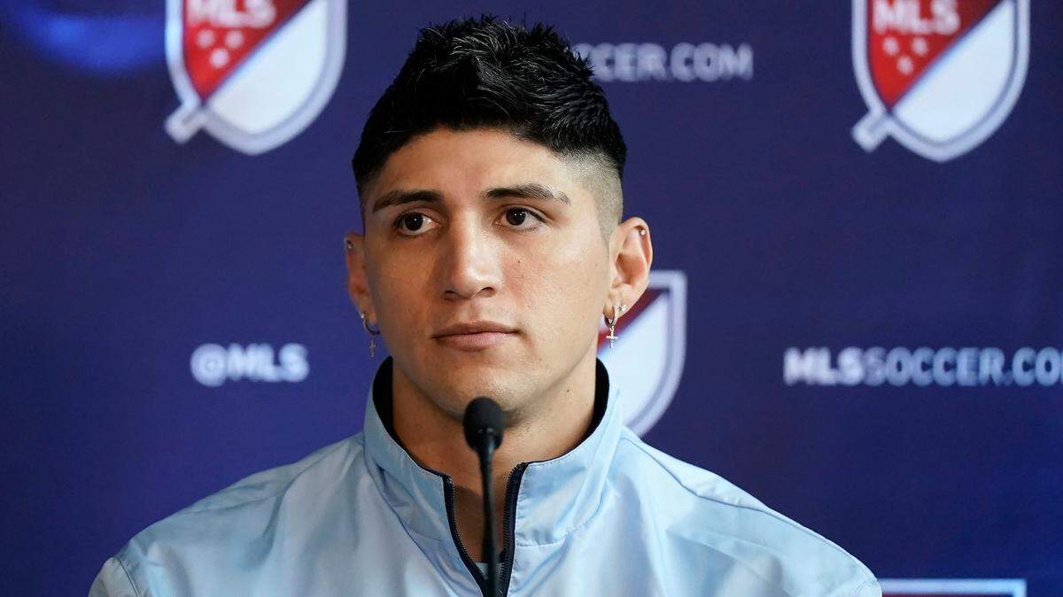 Sporting Kansas City’s Alan Pulido speaks during MLS soccer media day in San Jose, Calif., Tuesday, Jan. 10, 2023.