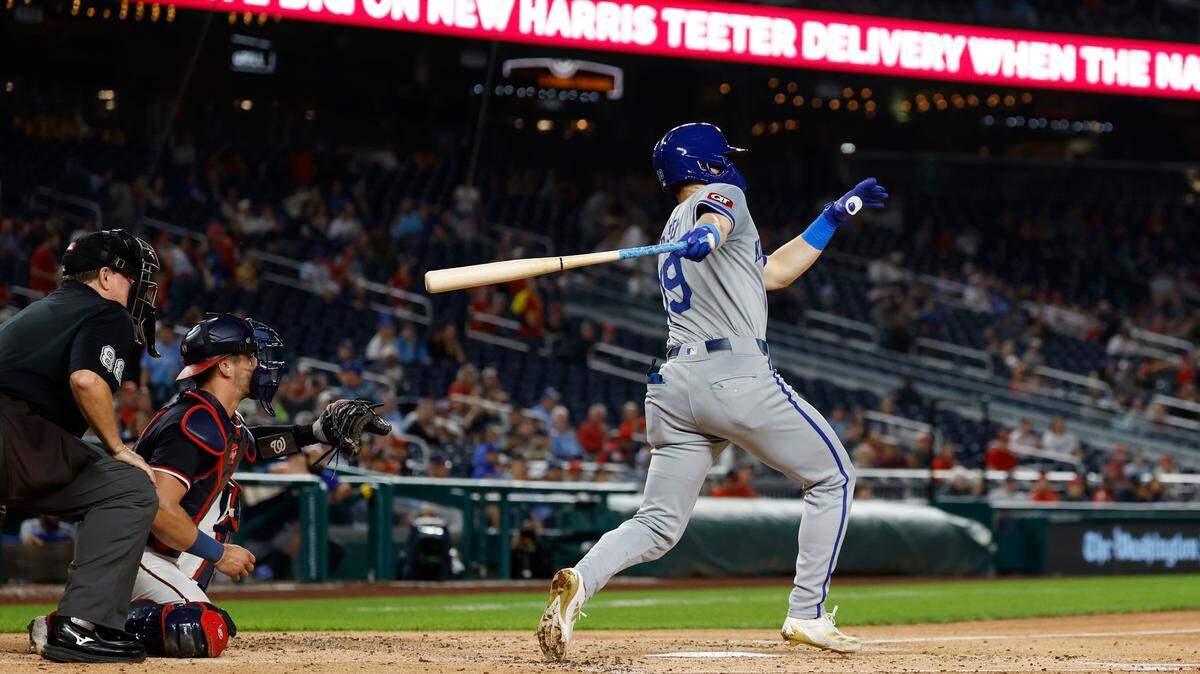 Kansas City Royals second baseman Michael Massey (19) hits an RBI single against the Washington Nationals during the third inning at Nationals Park on Sept. 25, 2024.