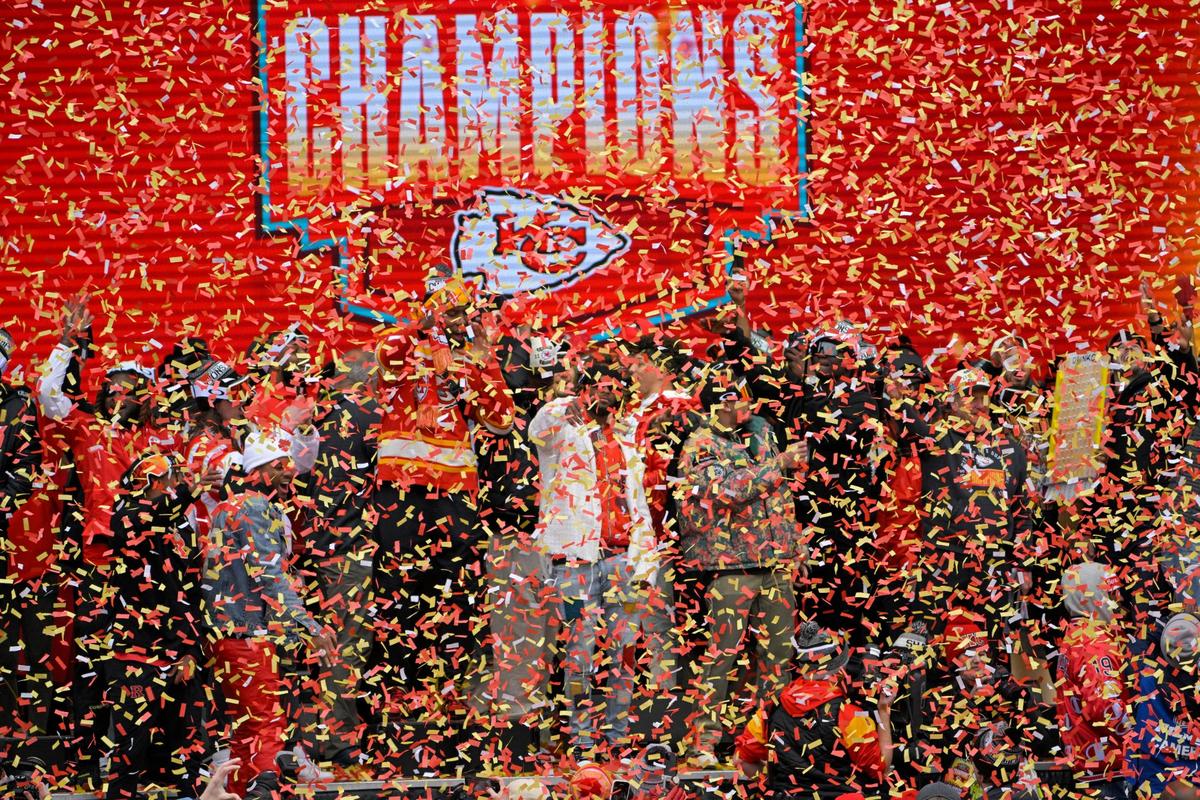 Confetti rained down as the Kansas City Chiefs celebrated their Super Bowl LVII Championship at Union Station on Wednesday, Feb. 15, 2023, in Kansas City.