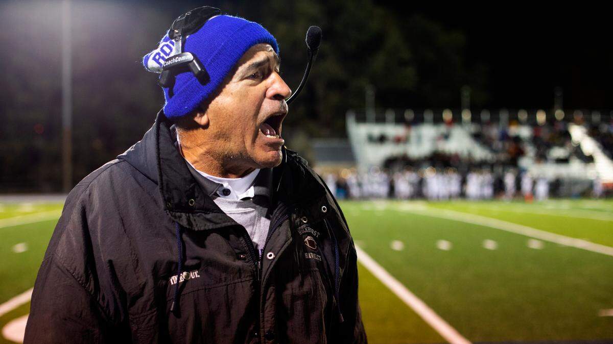 Rockhurst head coach Tony Severino showed some excitement after his Hawklets scored on an interception in the second half against Lee’s Summit at Severino Field. The Hawklets came back from 14-0 down to win 17-14 in the Missouri Class 6, District 4 quarterfinals.