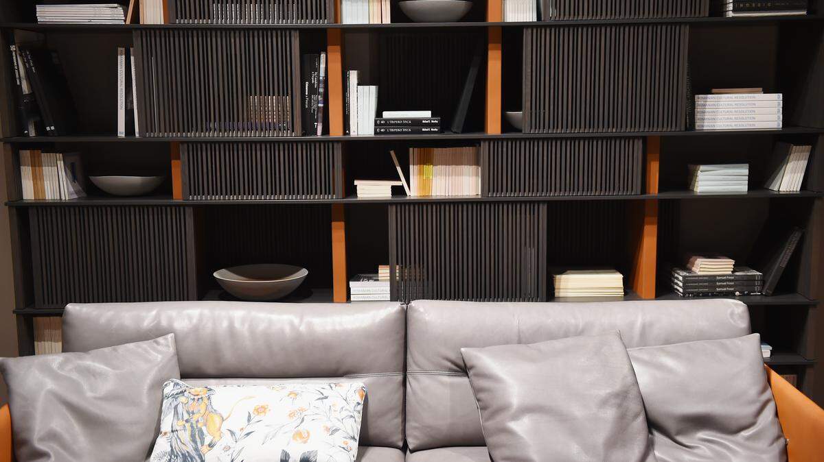 Leather grey couch.