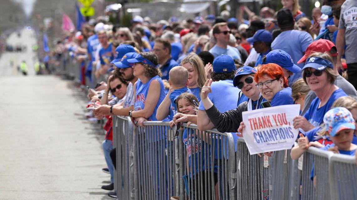 Kansas fans lined Massachusetts Avenue in Lawrence for the Jayhawks NCAA Championship parade Sunday afternoon.