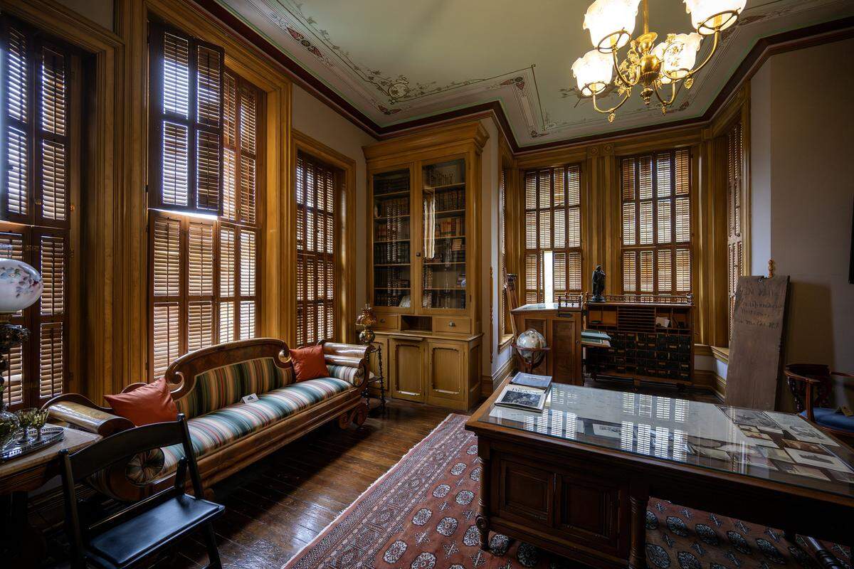 The library at the Vaile Mansion is seen on Tuesday, May 5, 2026, in Independence.