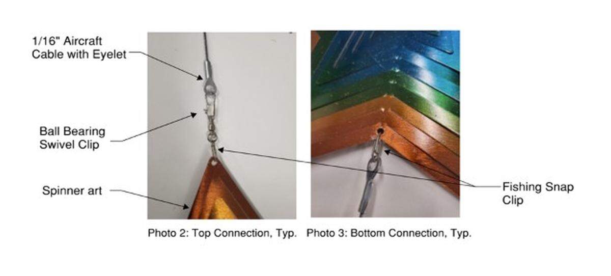 An engineering report submitted in December by DuBois Consultants of Kansas City shows how spinners that make up artist Nick Cave’s sculpture, “The Air Up There,” are attached. The artwork, with 2,800 spinners dangling from the 60-foot ceiling inside the entryway of the Kansas City International Airport terminal, was taken down after one spinner fell in October 2024.