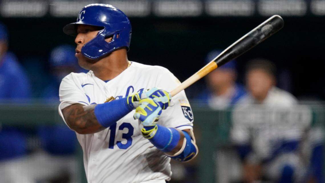 Kansas City Royals Salvador Perez get his 1000th career hit during the sixth inning of a baseball game against the Los Angeles Angels at Kauffman Stadium in Kansas City, Mo., Monday, April 12, 2021. (AP Photo/Orlin Wagner)