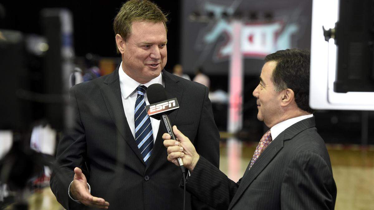 Kansas basketball coach Bill Self, left, talked with ESPN analyst Fran Fraschilla during last season's Big 12 Conference Media Days, held at the Sprint Center.