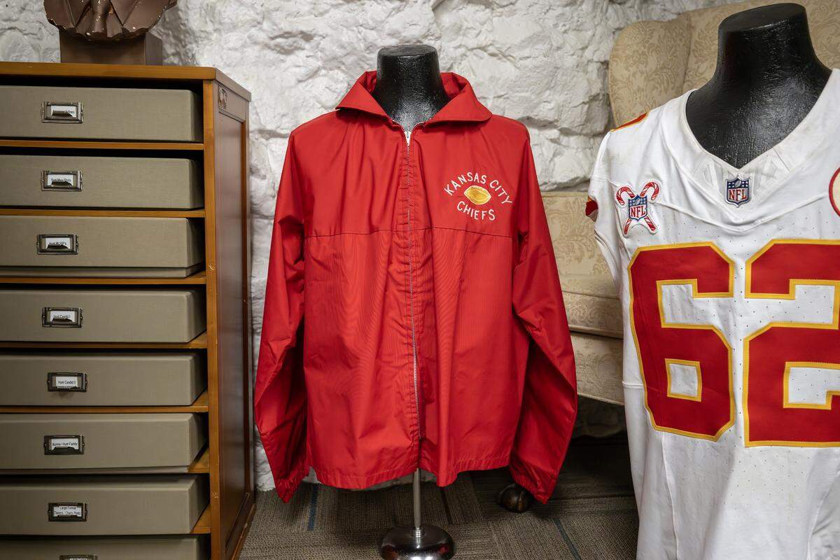 Former Kansas City Chiefs trainer Wayne Rudy’s jacket is on display in the Library Room inside the team’s underground SubTropolis storage facility in Kansas City.