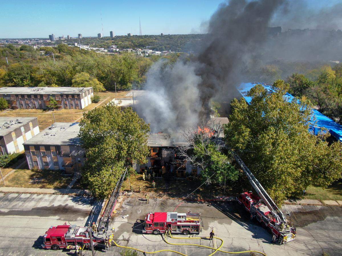 Kansas City, Kansas firefighters battled a two-alarm fire at a the vacant Mill Street apartment complex at 2409 S. Mill Street Wednesday, Oct. 12, 2022, in Kansas City, Kansas.