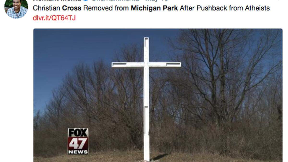 After months of controversy, a large Christian cross that had stood for nearly 70 years in the Waterloo Recreation area, one of the biggest state parks in Michigan, has been removed. Critics said it broke the separation between church and state.