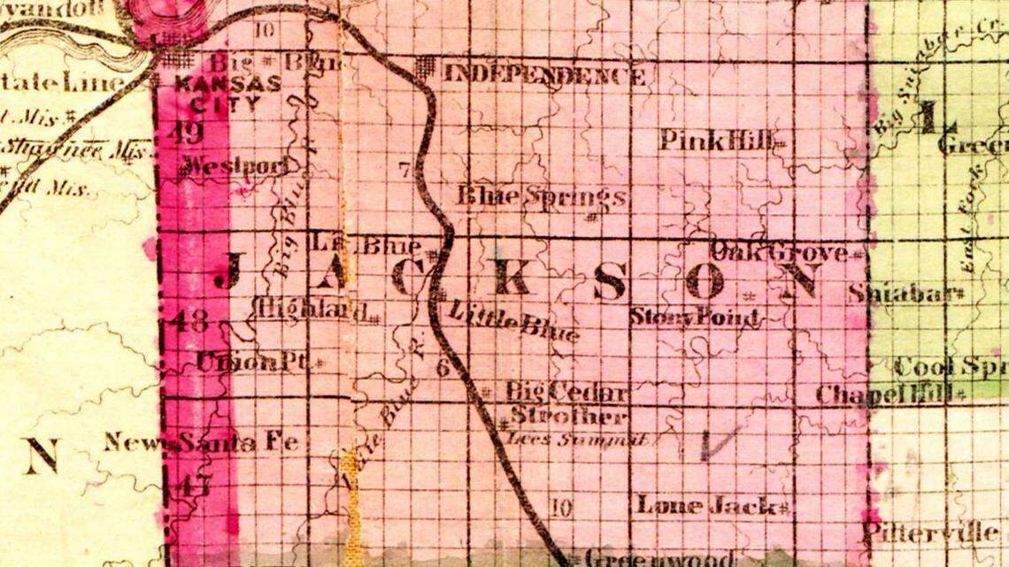 An 1870 map of Jackson County showing Big Cedar, Strother and Lee’s Summit