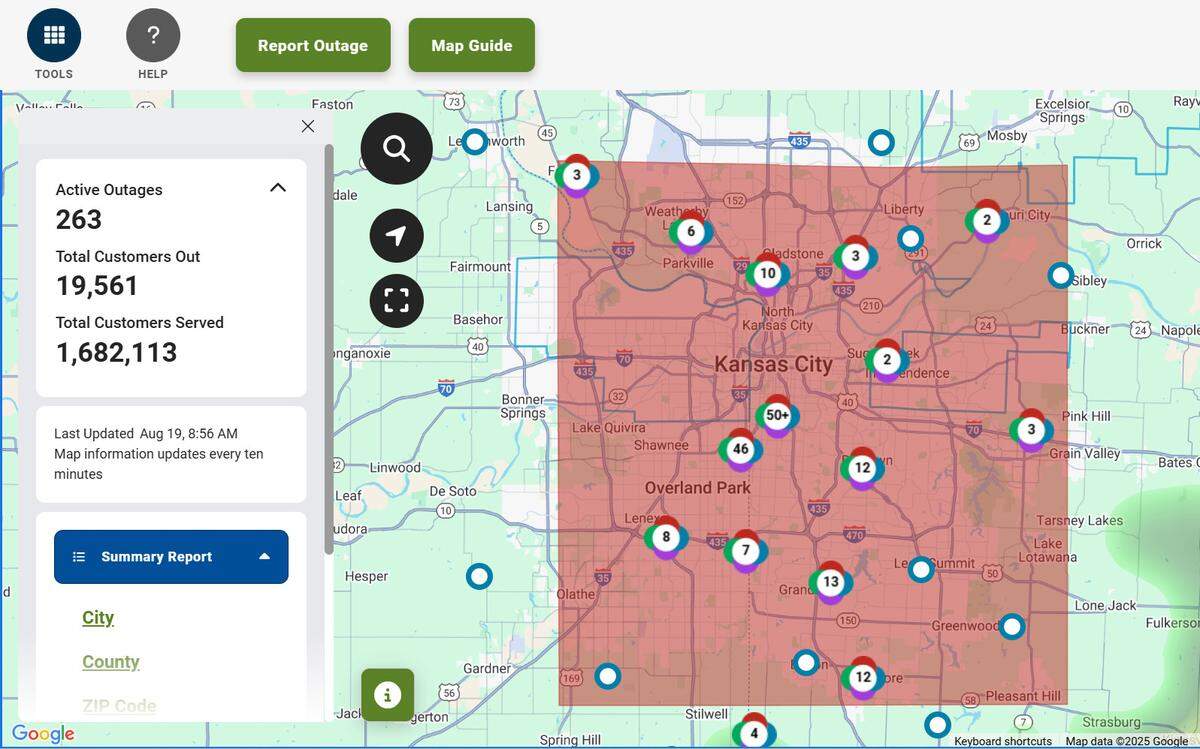 About 20,000 Evergy customers were without power Tuesday morning after storms rolled through the Kansas City metro area. Crews are working to restore power.