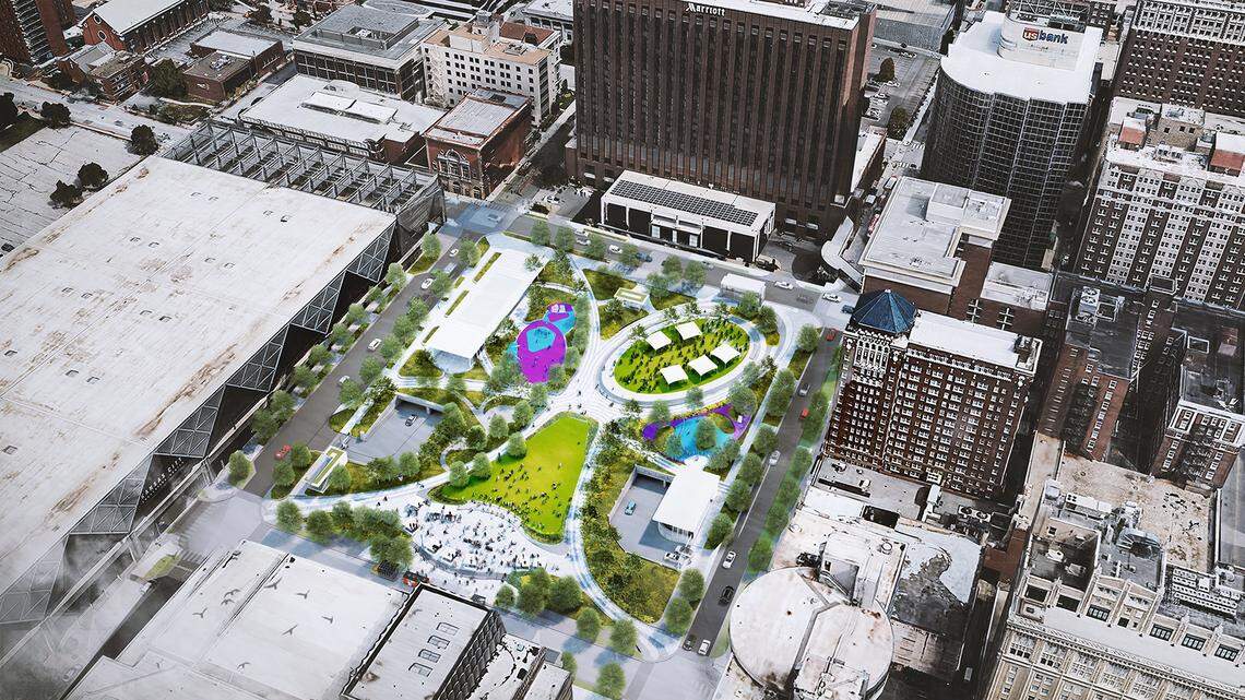 Aerial rendering of the new Barney Allis Plaza, 1220 Wyandotte St., a $118 million project slated to be finished by the fourth quarter of 2026. The project includes a $2.18 million contract for public art.