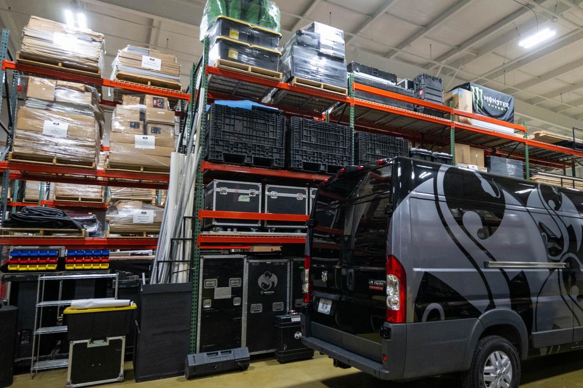 Strange Land stores everything that is needed for a touring artist, including stage setups and props. There are several vehicles wrapped with the infamous Strange Music logo, a snake and a bat in the shape of the letters “S” and “M” for Strange Music.