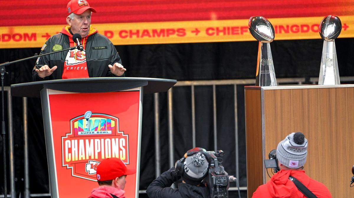 Missouri Gov. Mike Parson addressed the crowd while awaiting the arrival of the Kansas City Chiefs at Union Station during the Super Bowl Champions parade and rally on Wednesday, Feb. 15, 2023, in Kansas City.