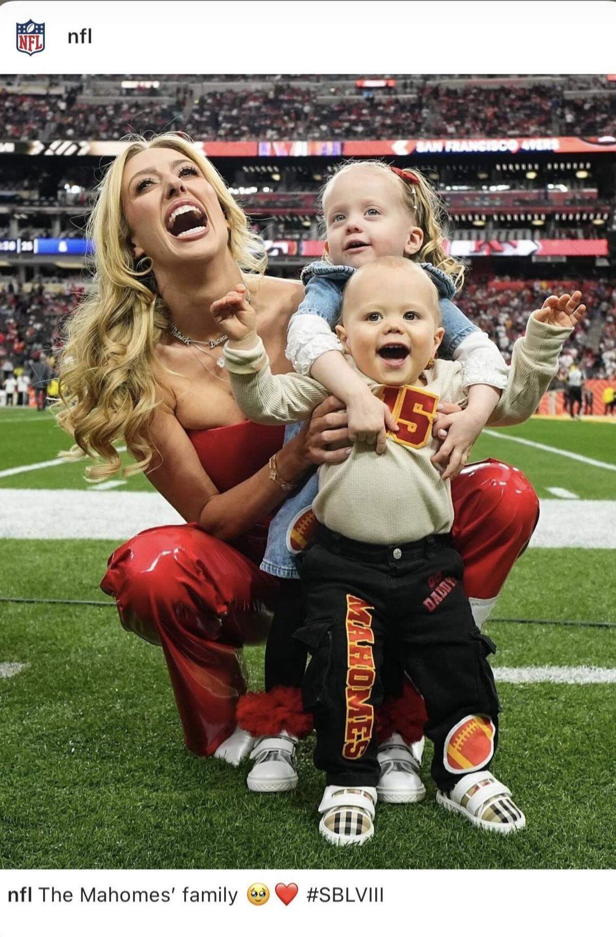 The Mahomes children and mom Brittany Mahomes on the sidelines to wish dad luck before the Super Bowl.