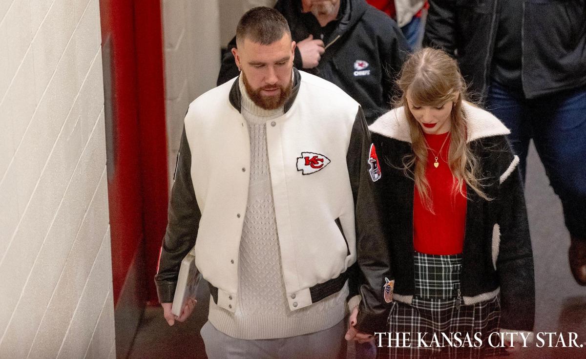 Pop star Taylor Swift holds hands with boyfriend and Kansas City Chiefs tight end Travis Kelce as they leave Arrowhead Stadium after an NFL football game on Monday, Dec. 25, 2023, in Kansas City.
