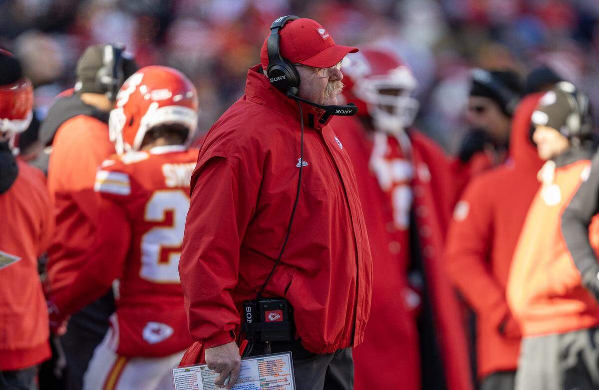 Chiefs head coach Andy Reid looks on during the first half against the Los Angeles Chargers on Sunday, Dec. 14, 2025 at GEHA Field at Arrowhead Stadium in Kansas City.