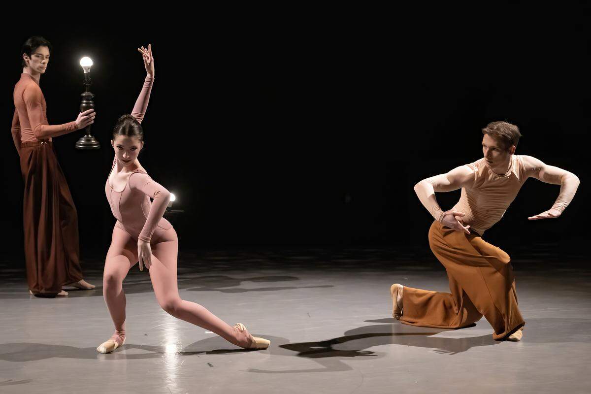 Kansas City Ballet Second Company dancers Ben Workman, from left, Sage Guillot and Troy Monger-Levin perform in “Spark,” during the dress rehearsal for the Kansas City Ballet’s production “New Moves,” at the Frost Studio Theater at the Bolender Center on Wednesday, Jan. 27, 2026, in Kansas City. 