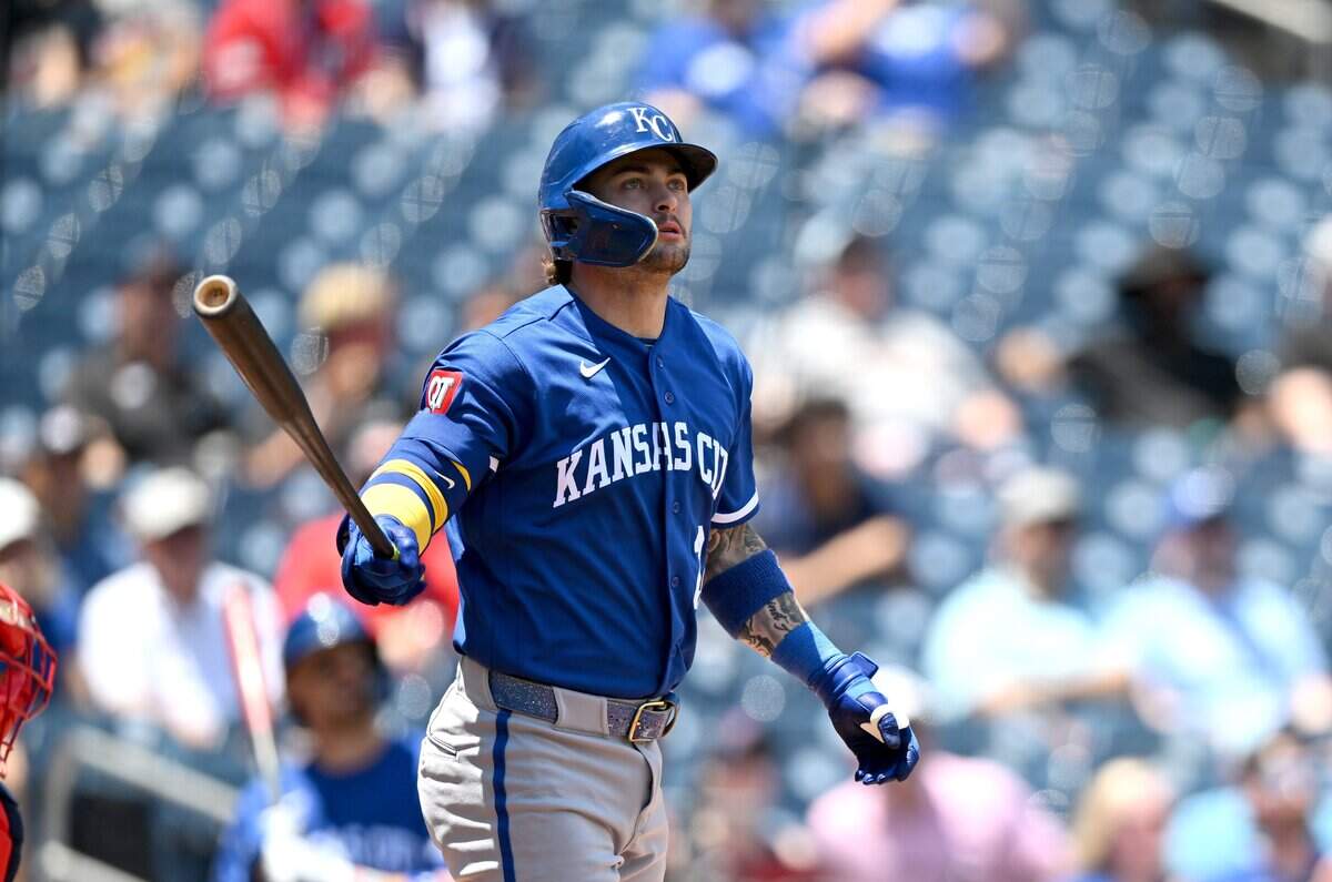 WASHINGTON, DC - JUNE 17: Carter Jensen #22 of the Kansas City Royals hits a home run in the first inning against the Washington Nationals at Nationals Park on June 17, 2026 in Washington, DC. (Photo by Greg Fiume/Getty Images)