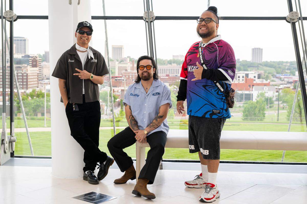 Jesse Phouangphet, left, Vu Radley and Mark Launiu, owners of Made Mobb, pose for a portrait prior to the beginning of the Red Bull Dance Your Style Midwest Regional Qualifier, on Saturday, April 25, 2026, at the Kauffman Center for the Performing Arts.