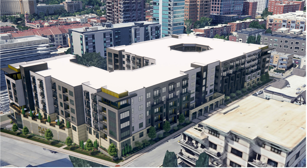 An artists’ rendering shows an aerial view of the northwest corner of a proposed 278-unit apartment complex north of the Country Club Plaza.