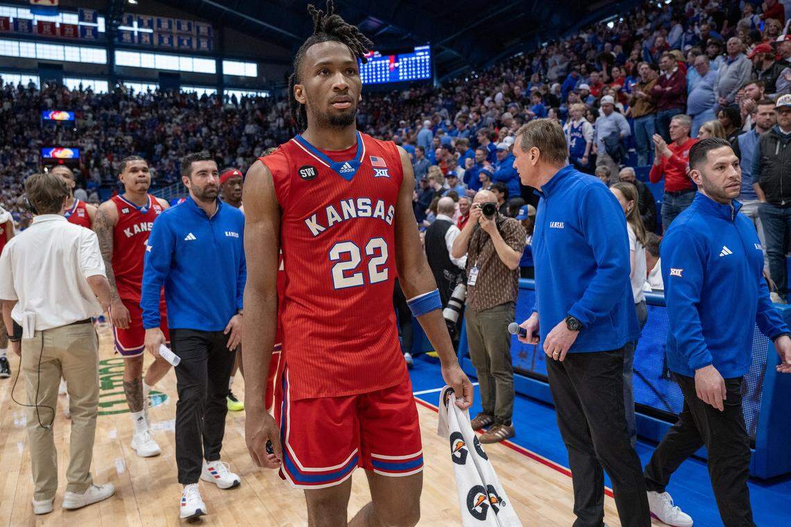 Kansas Jayhawks guard Darryn Peterson (22) leaves the court after Kansas defeated Kansas State, 104-85, at Allen Fieldhouse on Saturday, March 7, 2026, in Lawrence, Kansas.