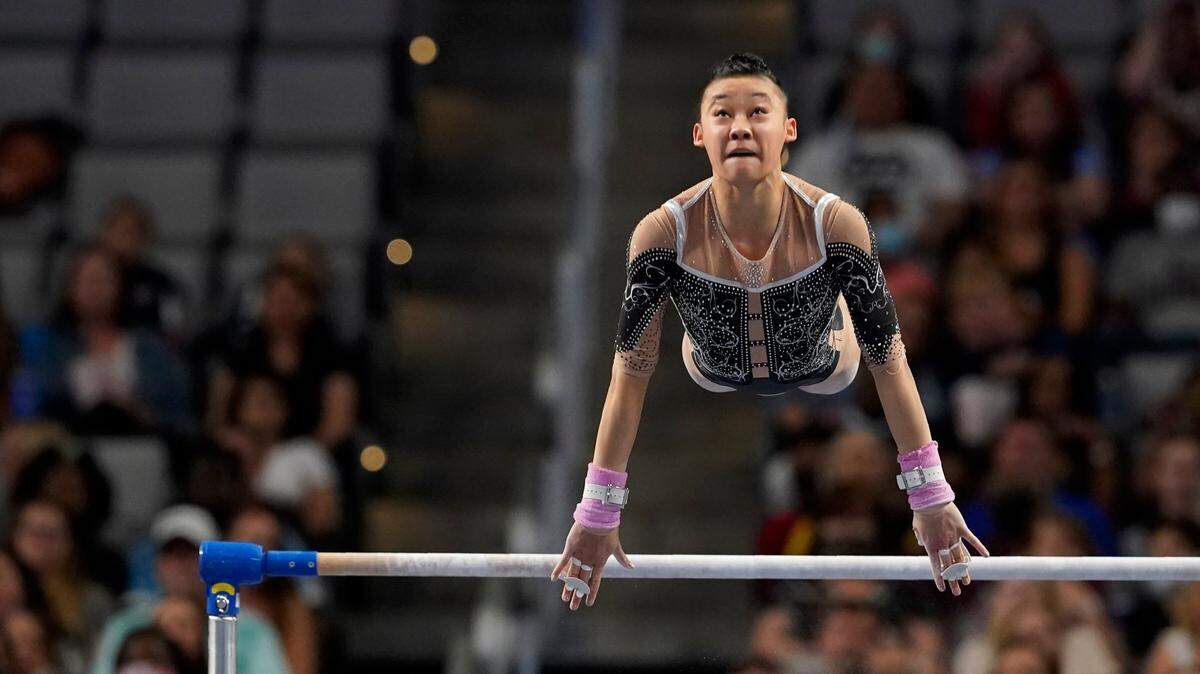 Leanne Wong competes on the uneven bars during the U.S. Gymnastics Championships, Sunday, June 6, 2021, in Fort Worth, Texas.