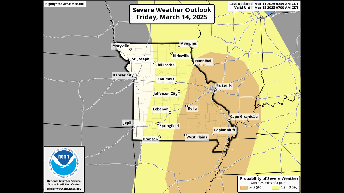 An intense spring storm system is expected to deliver a multi-day severe weather event to parts of the central and eastern U.S. beginning Friday, according to the National Weather Service’s Storm Prediction Center. Dry air, however, might limit Kansas City to strong winds and a few light showers or sprinkles. The greater threat of severe weather is east of Kansas City.