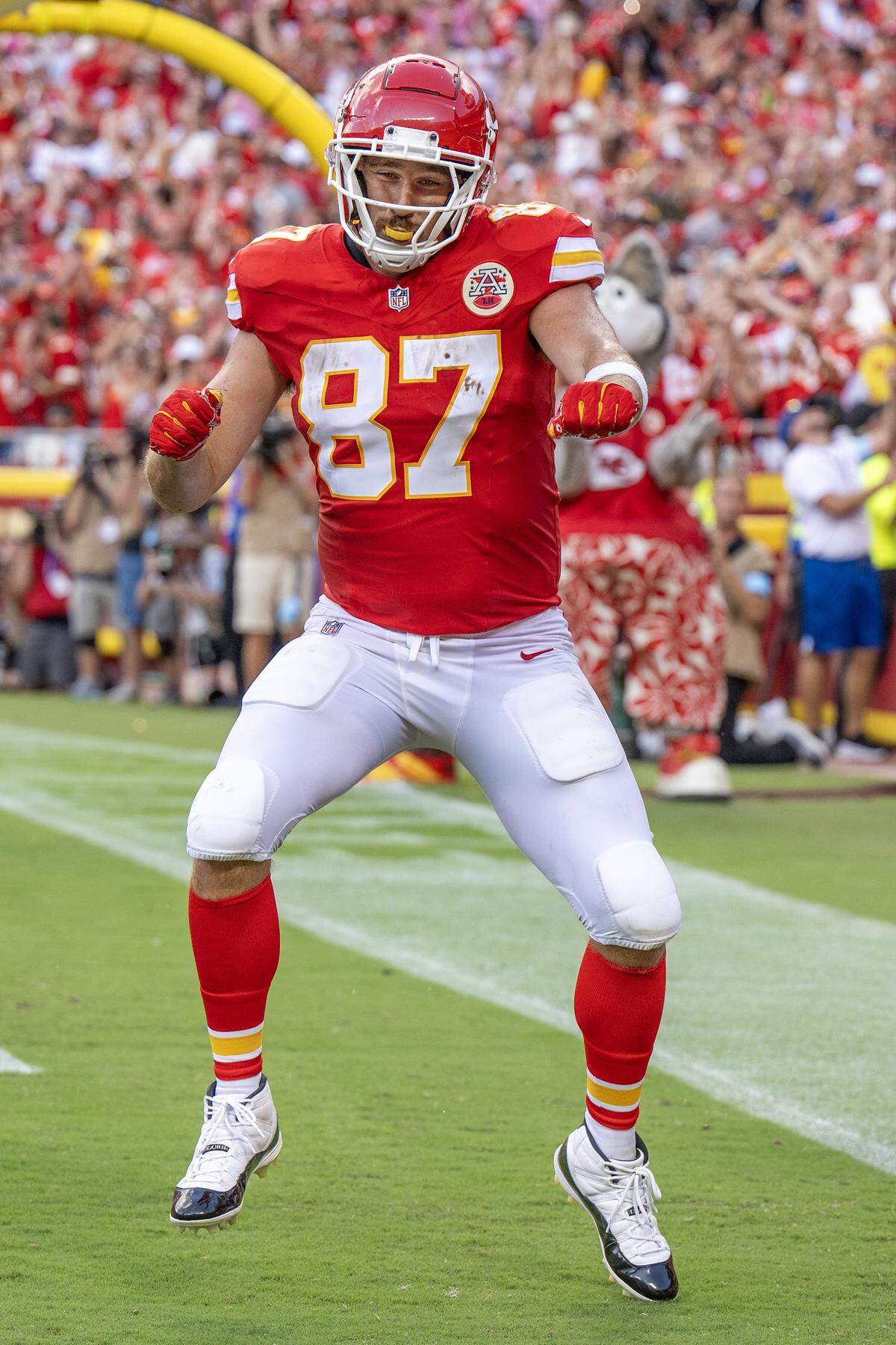 Kansas City Chiefs tight end Travis Kelce joined in on the celebration with his "ride 'em cowboy" dance after offensive tackle Wanya Morris scored a touchdown against the Cincinnati Bengals on September 15, 2024, at GEHA Field at Arrowhead Stadium.