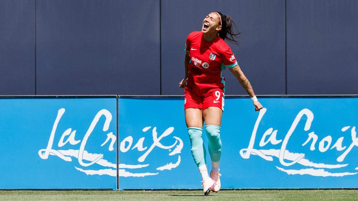 KC Current forward Bia Zaneratto celebrates after scoring a third-minute goal against visiting Bay FC during a National Women’s Soccer League match at CPKC Stadium in Kansas City on Sunday, May 11, 2025.