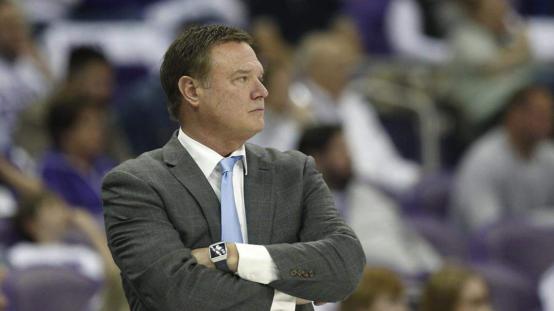 Kansas head coach Bill Self looks on as Kansas plays TCU during a game earlier this year in Fort Worth.