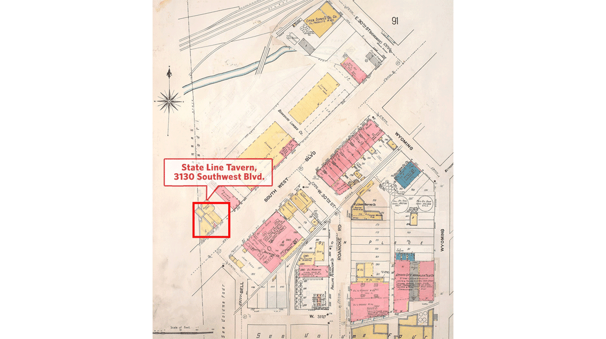 Sanborn Fire Insurance map showing 3205 Southwest Blvd., home of the Last Chance Tavern.