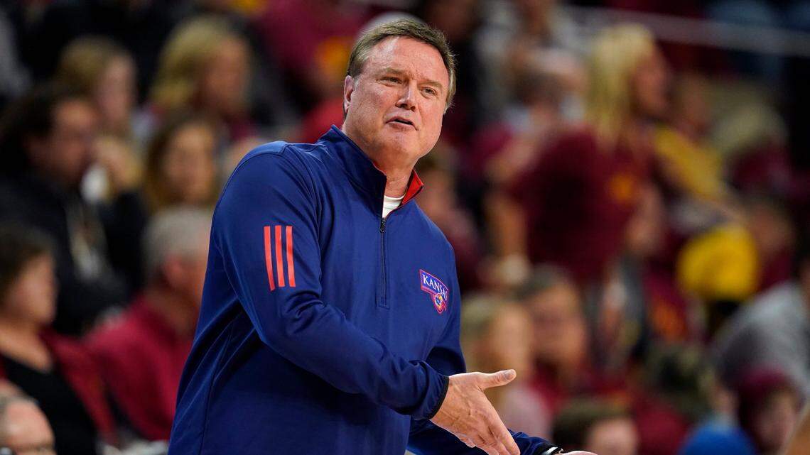 Kansas head coach Bill Self questions a call against his team during the first half of an NCAA college basketball game against Iowa State, Tuesday, Feb. 1, 2022, in Ames, Iowa. (AP Photo/Charlie Neibergall)