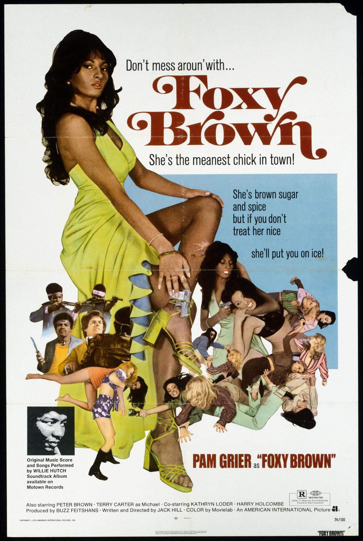 A poster for the 1974 film, “Foxy Brown,” starring Pam Grier as the female hero.