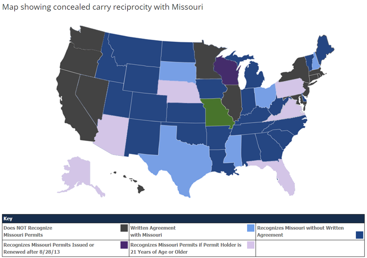 This map from the Missouri Attorney General’s office shows which U.S. states recognize Missouri’s concealed carry permits, and under what circumstances.