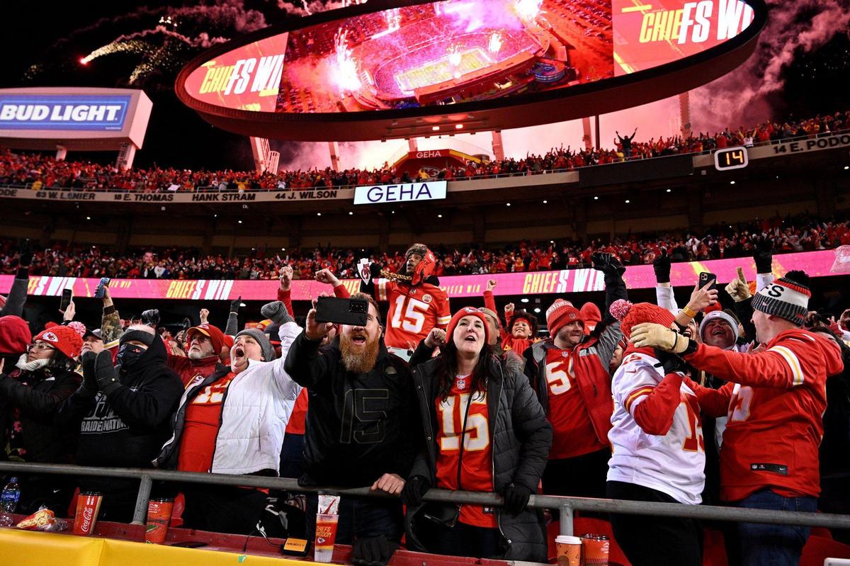 Fans celebrate after the Kansas City Chiefs defeated the Buffalo Bills in overtime 42-36 in the AFC Divisional Playoff game at GEHA Field at Arrowhead Stadium Sunday, Dec. 23, 2022. The Chiefs advance to the AFC Championship Game against the Cincinnati Bengals.