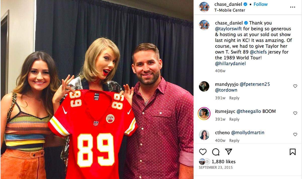 Then-Chiefs quarterback Chase Daniel gave Taylor Swift a team jersey in 2015 when she brought her 1989 World Tour to the Sprint Center, now T-Mobile Center.
