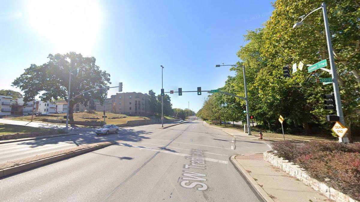 A minibike rider was serious injured after being struck by a car at a stoplight at West 35th Street and Southwest Trafficway in Kansas City. During the crash, the motorcyclist was thrown onto hood and windshield of the car, which tried to flee the area with the rider still on the car. This Google Maps Street View image is from 2022.