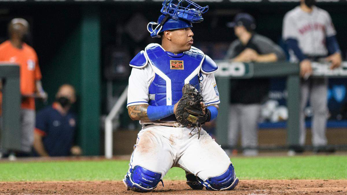 Kansas City Royals catcher Salvador Perez during the ninth inning of a baseball game against the Houston Astros Wednesday, Aug. 18, 2021, in Kansas City, Mo. (AP Photo/Reed Hoffmann)