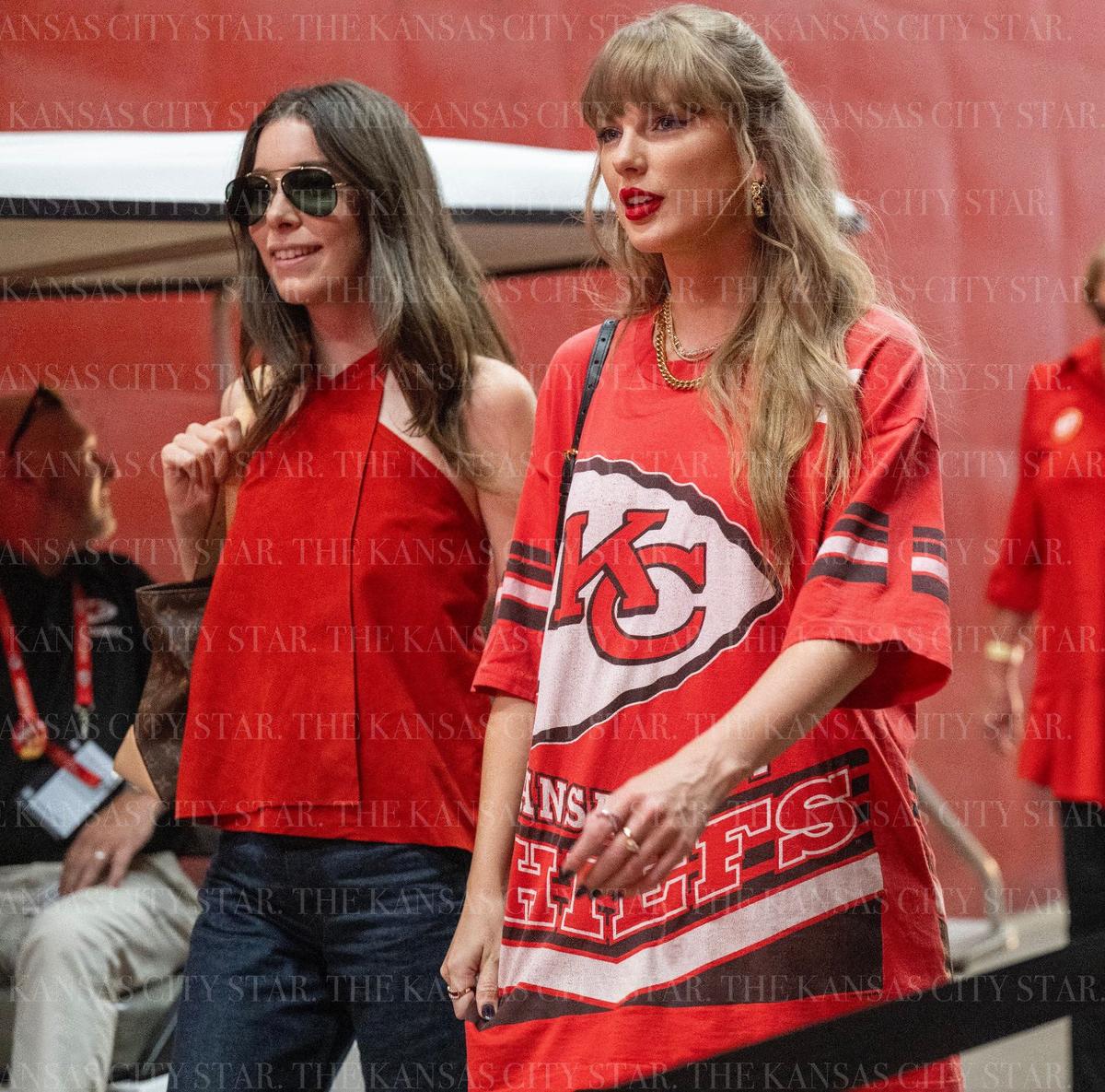 Pop star Taylor Swift and singer Danielle Haim walk down through a tunnel to attend an NFL game between the Kansas City Chiefs and the Cincinnati Bengals on Thursday, Sept. 15, 2024 at GEHA Field at Arrowhead Stadium.