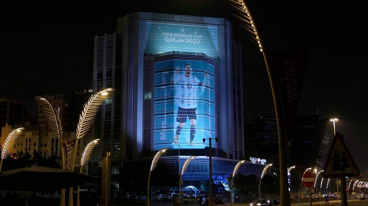 A large picture of Argentina’s Lionel Messi hangs on a building in Doha, Qatar, ahead of World Cup 2022, which starts on Nov. 20.