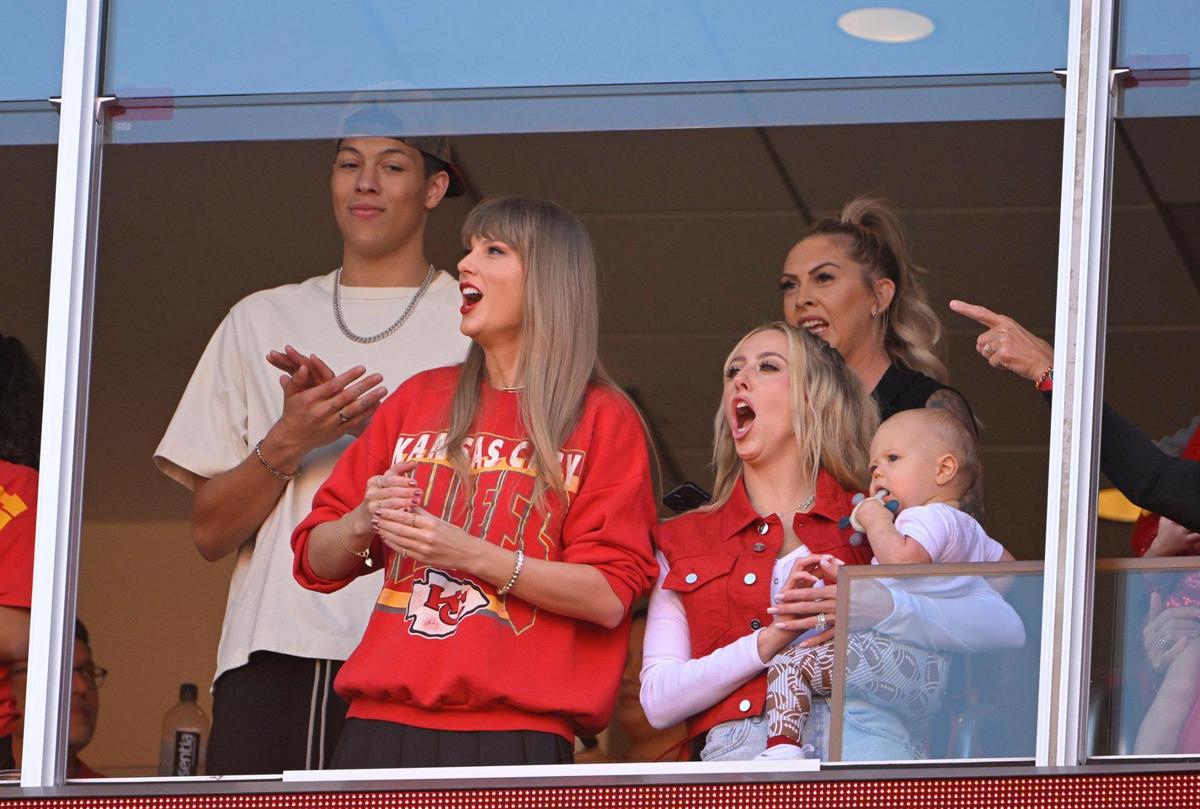 Jackson Mahomes, left, with Taylor Swift and Brittany Mahomes at Sunday’s Kansas City Chiefs game against the Los Angeles Chargers at Arrowhead Stadium.