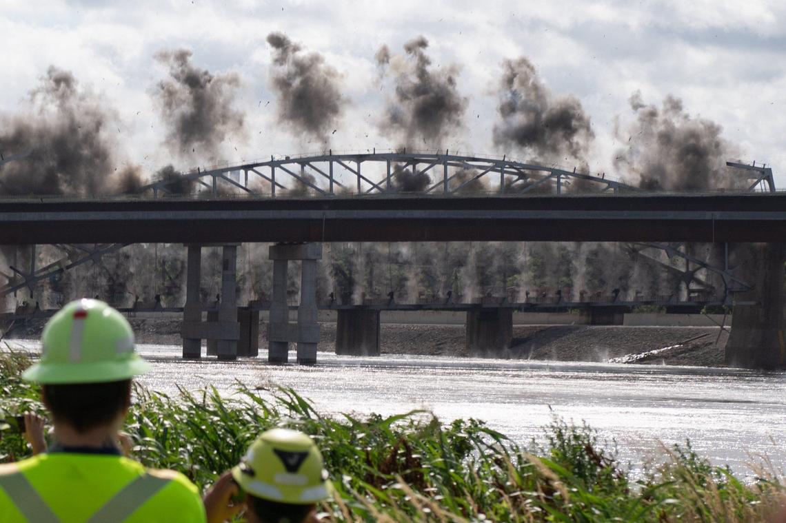 The final arch of the Buck O’Neil Bridge was demolished on Tuesday over the Missouri River near downtown Kansas City.
