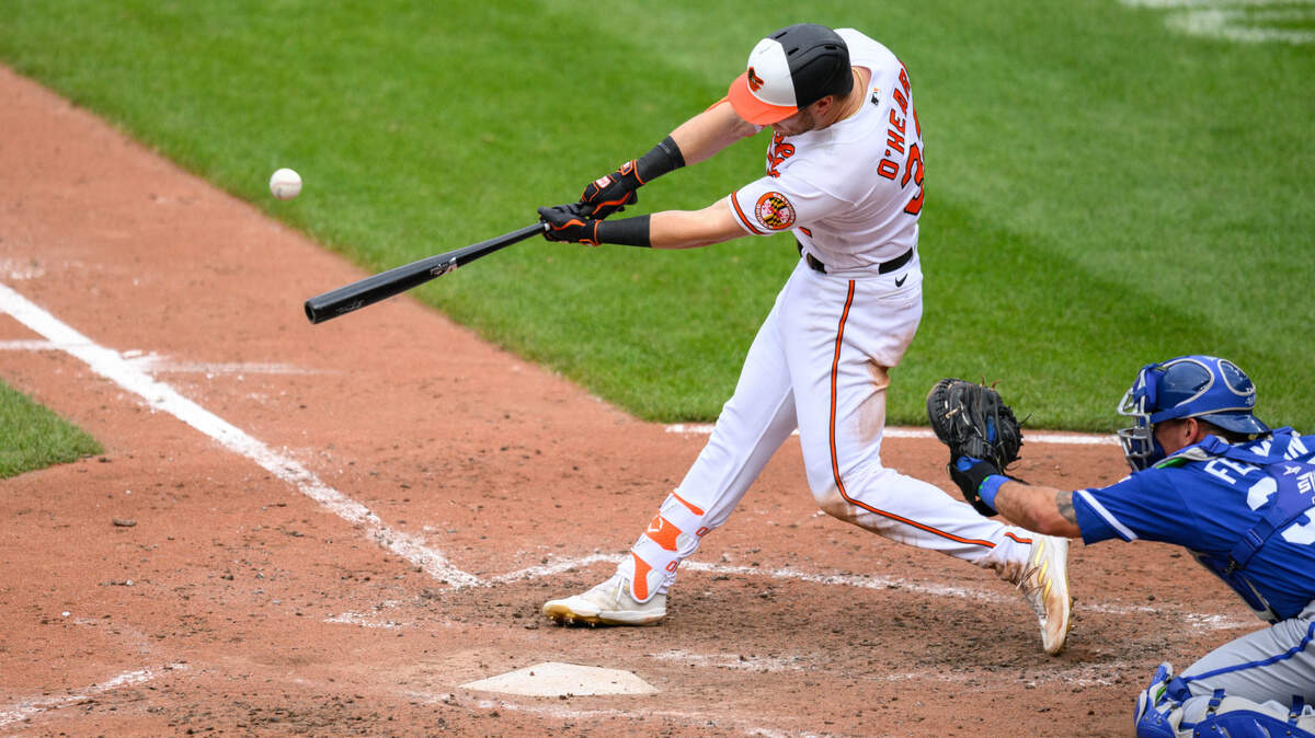 Baltimore Orioles first baseman Ryan O’Hearn (32) hits a home run during the eighth inning against the Kansas City Royals at Oriole Park at Camden Yards.