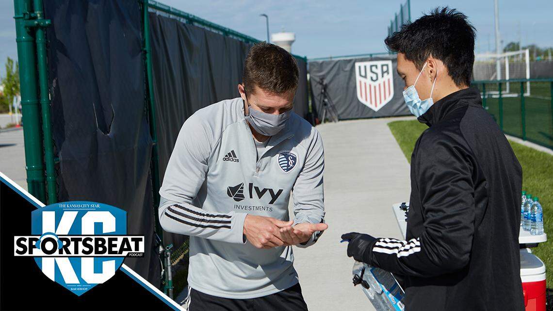 Matt Besler uses hand sanitizer during his midweek visit to Sporting KC’s Pinnacle training facility in Kansas City, Kansas.